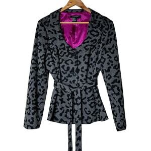 Sandro Blazer Black Gray Leopard Print Button Closure Wrap Tie Lined Size L